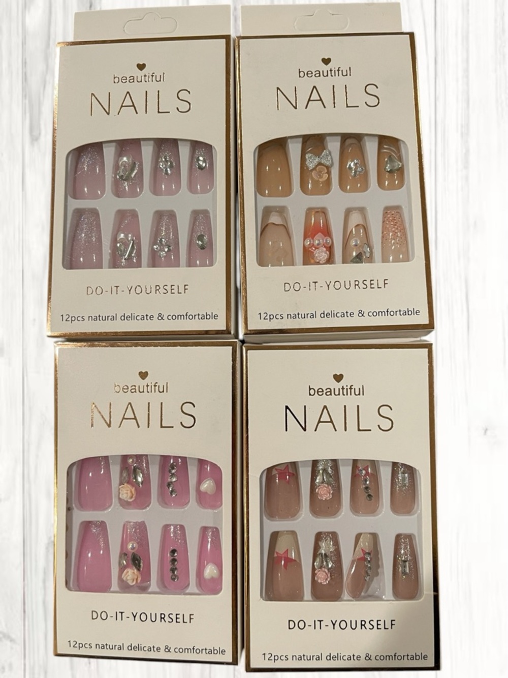 🪷 4 Sets Beautiful NAILS Press-On Nail Art Accent Sets - Pink & Natural Mix